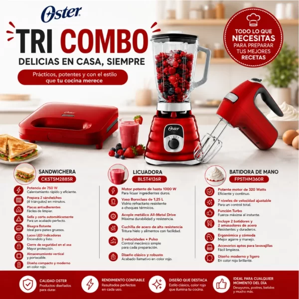 Tri Combo Oster Rojo: El Kit de Cocina Definitivo con Licuadora, Sandwichera y Batidora de Mano - Imagen 2